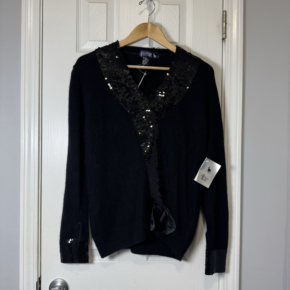 Vtg LE CHOIS US Women's L Black‎ Silk Angora Sequin Bow V Neck Sweater Top NWT